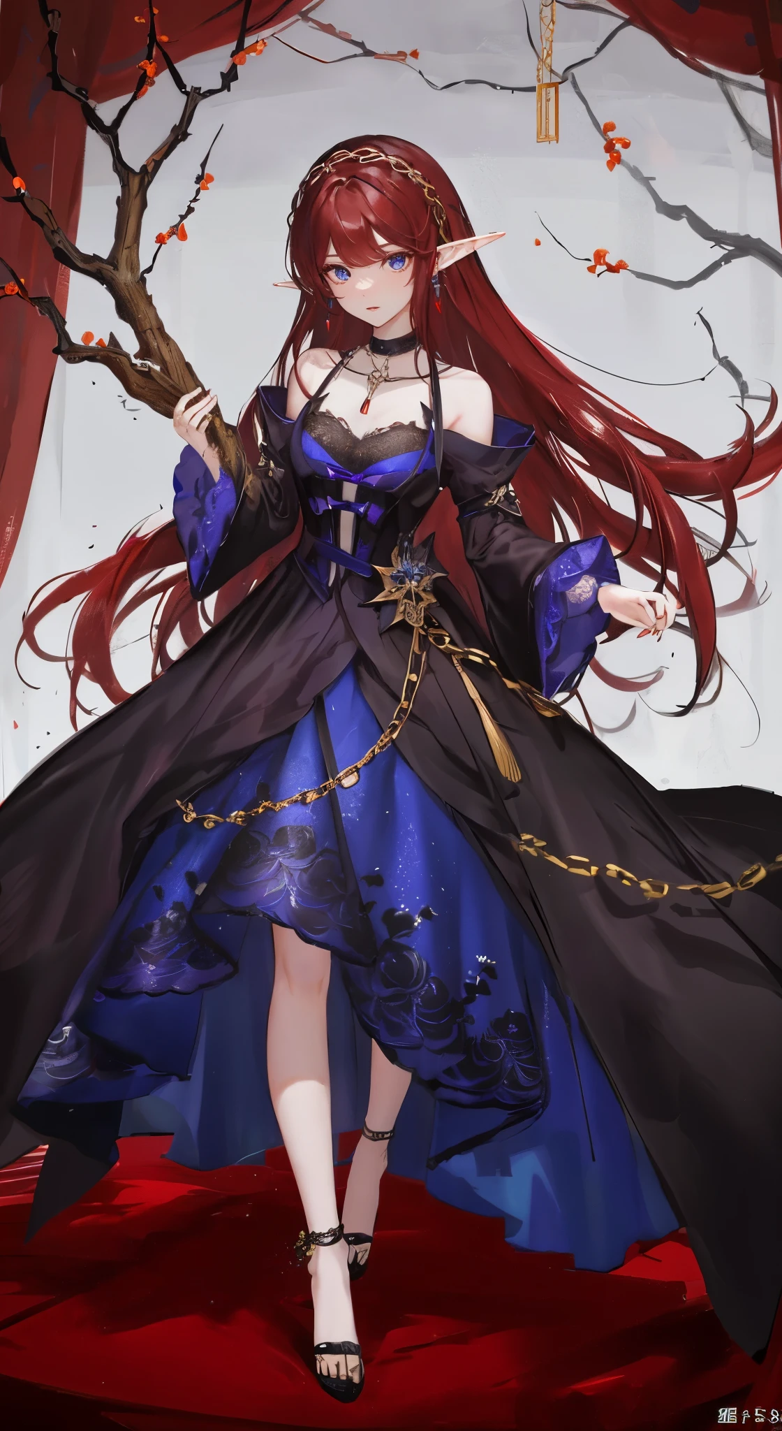 black红色短发,close up,dream world,Elf royal sister,Long dark red hair,Nice blue eyes,Prom Hall,grace,earrings,(荆棘earrings,Thorn Head Chain),necklace,humanoid, Prom background,Baroque, her skin is white, fair complexion,(red evening dress,black色的火焰与荆棘,Thorn Dress),black色玫瑰,black,black,High heel,