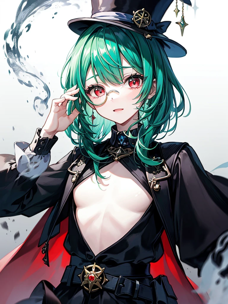 （（（masterpiece、Highest image quality、highest quality、highly detailed unity 8ｋwallpaper）））、（（Illustration of one girl、upper body））、（（（beautiful girl）））、（Emerald green hair、messy hair、sidelocks：1.2、red eyes、crazy smile）、（（（flat chest）））、（（（monocle）））、pocket watch、（（（Black top hat、Black tuxedo、belt、Smoke pipes）））