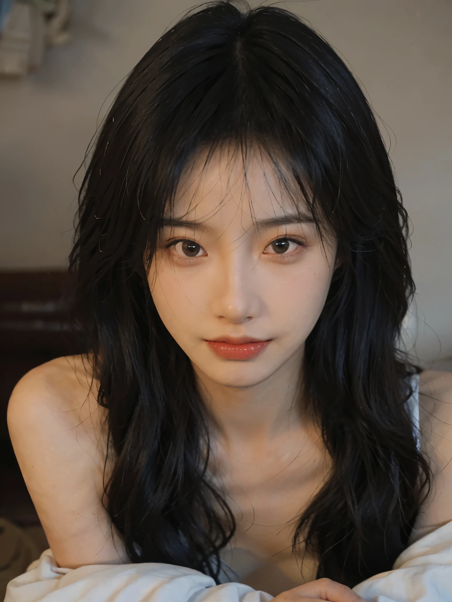 Film portrait photography, 1 girl, bare shoulders, Shoulder length wavy hair, serene, calm, (Realistic and detailed eyes, look at me,natural skin texture, Realistic facial details), Soft dramatic lighting, depth of field, Bokeh, Vibrant details, Detailed and detailed, Surrealism, 35mm film, hazy, ,