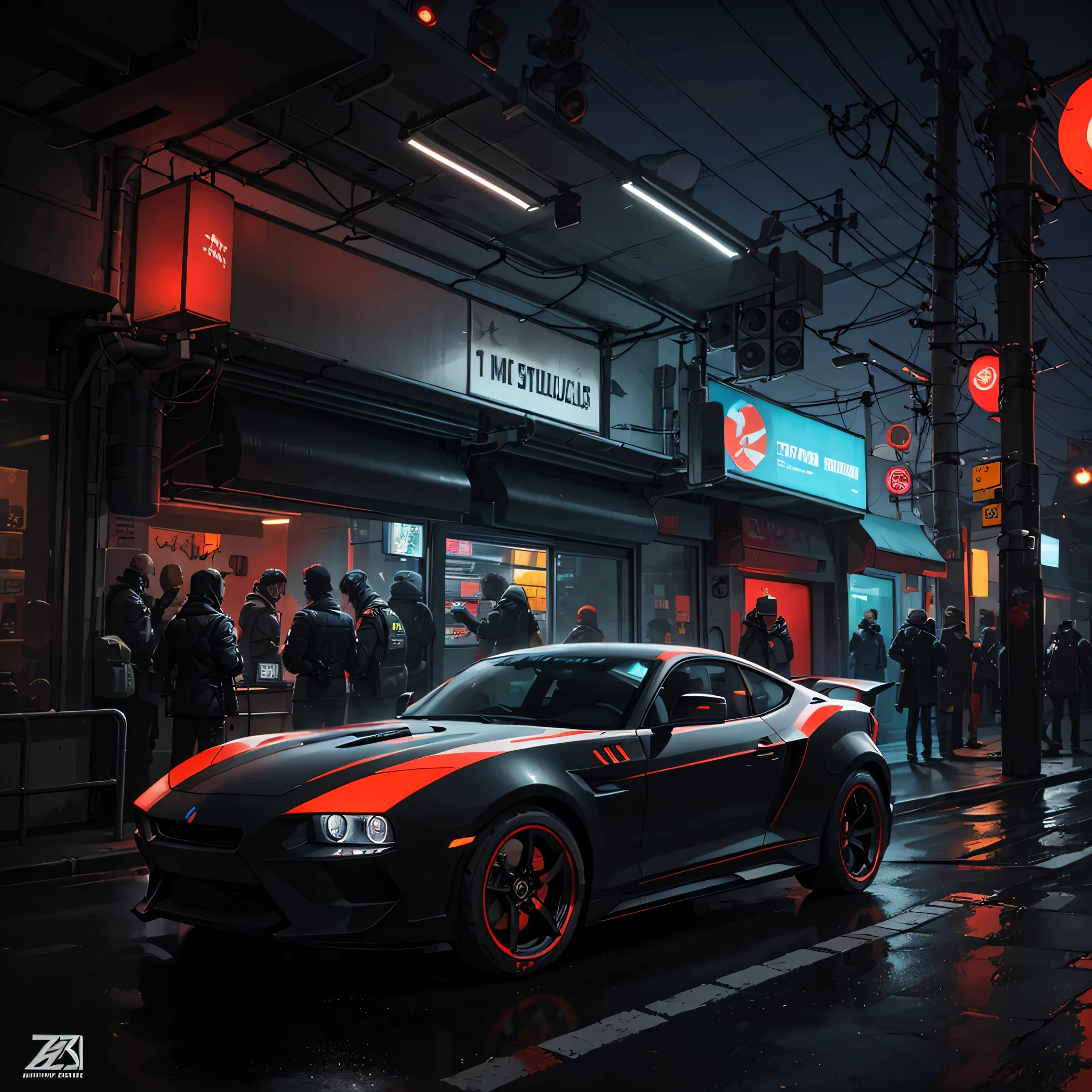 ((Futuristic Cyberpunk Hotrod Zeekars)) (with illuminated tires) 3/4 front view, in the parking lot, black and red sports car