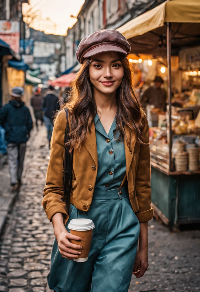 A beautiful 20 years old woman donning spring costume and newsboy cap walks on a sidewalk of the town with radiant positive expression, insanely detailed roadside street food stalls and coffee shops, vibrant early evening scene, professional street photography style, photorealism