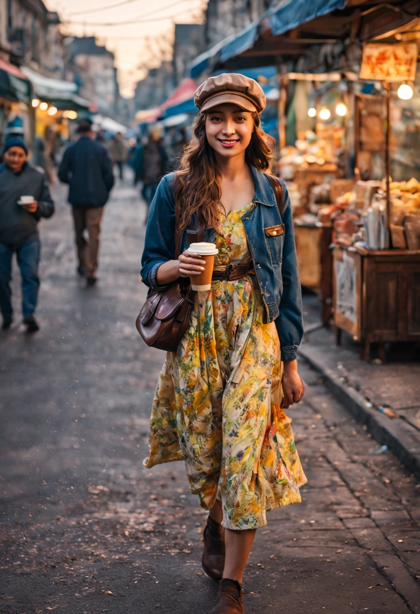 A beautiful 20 years old woman donning spring costume and newsboy cap walks on a sidewalk of the town with radiant positive expression, insanely detailed roadside street food stalls and coffee shops, vibrant early evening scene, professional street photography style, photorealism