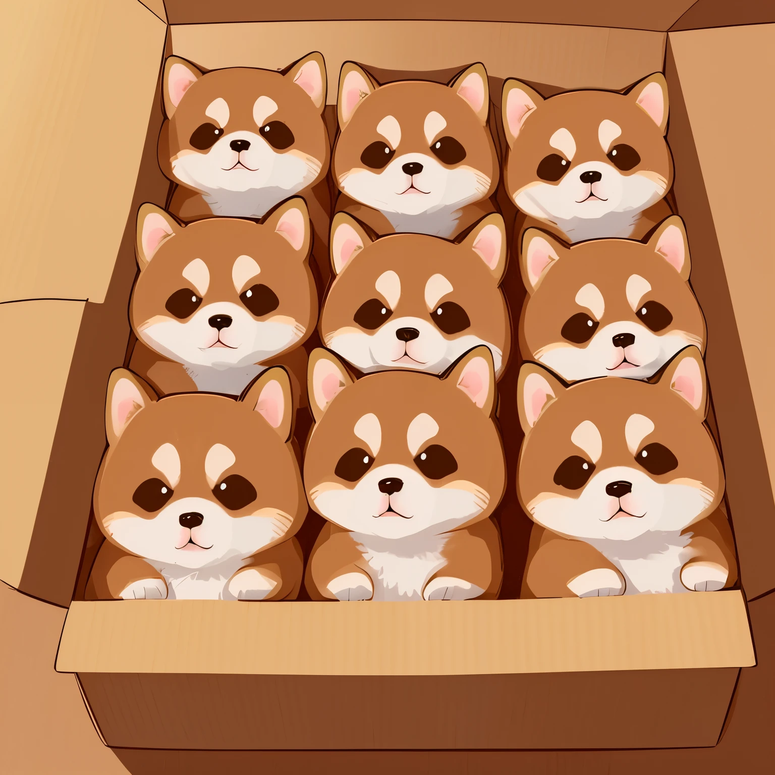 Illustration of adorable Shiba Inu、Movmov、Front facing、multiple puppies、Packed、packed tightly in a box、