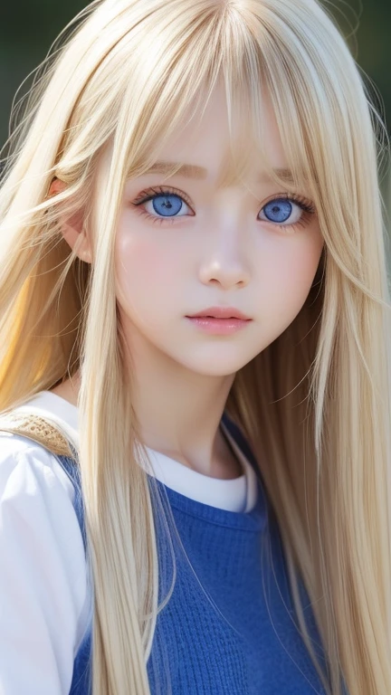 very beautiful face、Beautiful, extremely long blonde hair dancing in the strong wind、Bangs swaying between eyes、12 year old cute bright blue big eyed blonde girl、very big eyes、hair above eyes、片hair above eyes、hair between eyes、small face beautiful girl、cheek gloss highlight、Extremely pure white skin、round face