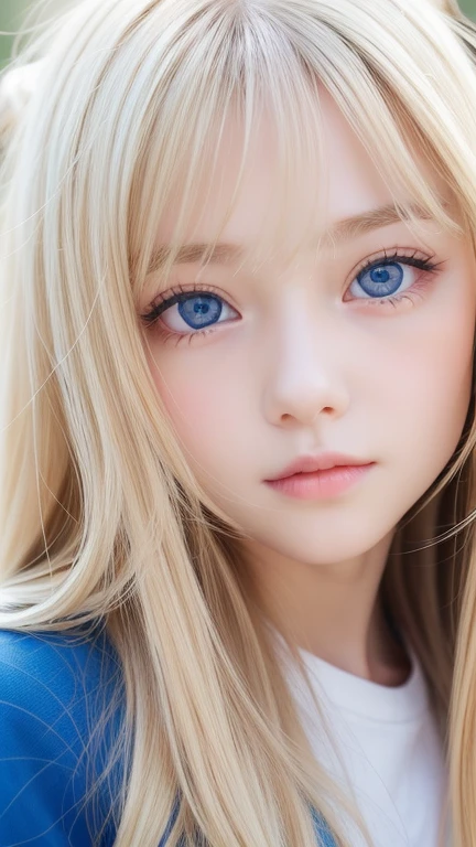 very beautiful face、Beautiful, extremely long blonde hair dancing in the strong wind、Bangs swaying between eyes、12 year old cute bright blue big eyed blonde girl、very big eyes、hair above eyes、片hair above eyes、hair between eyes、small face beautiful girl、cheek gloss highlight、Extremely pure white skin、round face