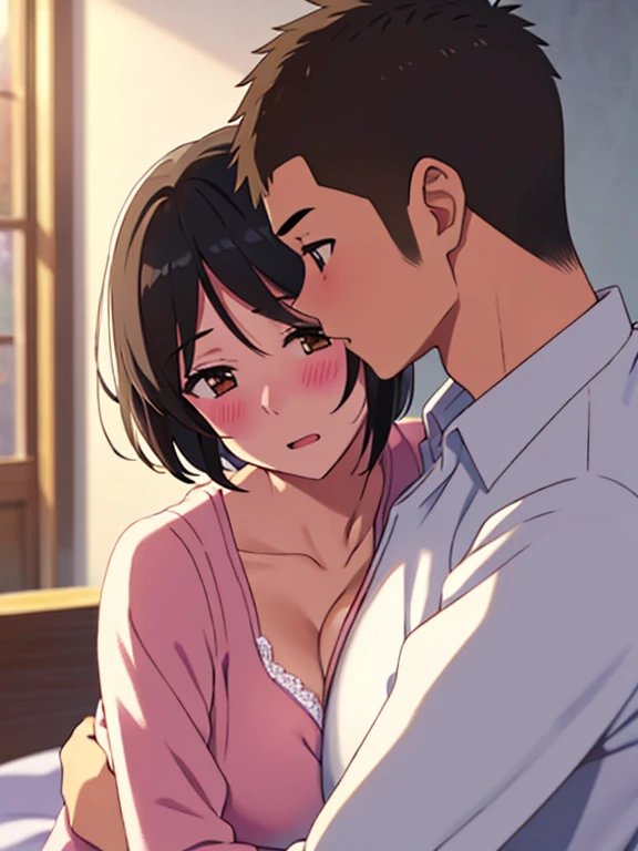 shinkai makoto, kimi no na wa.,1boy, buzzcut,nude, boy is front of girl, passionate hug, face press on the chest, sniffing chest, kiss chest, 1girl, bangs, black hair, blush, brown eyes, looking at the viewer, indoors, short hair, open mouth, white long sleeve shirt, unbuttoned shirt, open shirt, pink bra, medium breast, night, bedroom, sit on bed