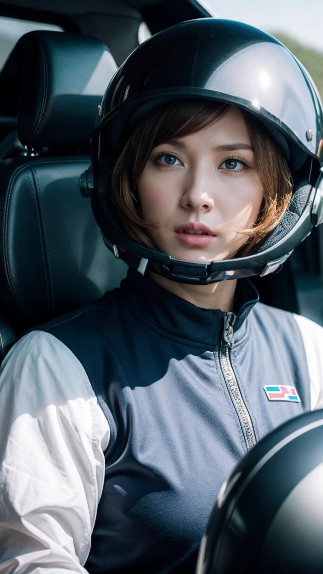 Close-up of a woman wearing a helmet and a helmet, 2 0 2 1 Cinematic 4K Frame Grab, barbarella, anna katarina block, fighter pilot in cockpit, grumpy : : wes anderson, retro pictures, fierce gorgeous woman, 30 years, high speed, Awarded at cgsociety, pompadour, nascar, 2015 shooting  