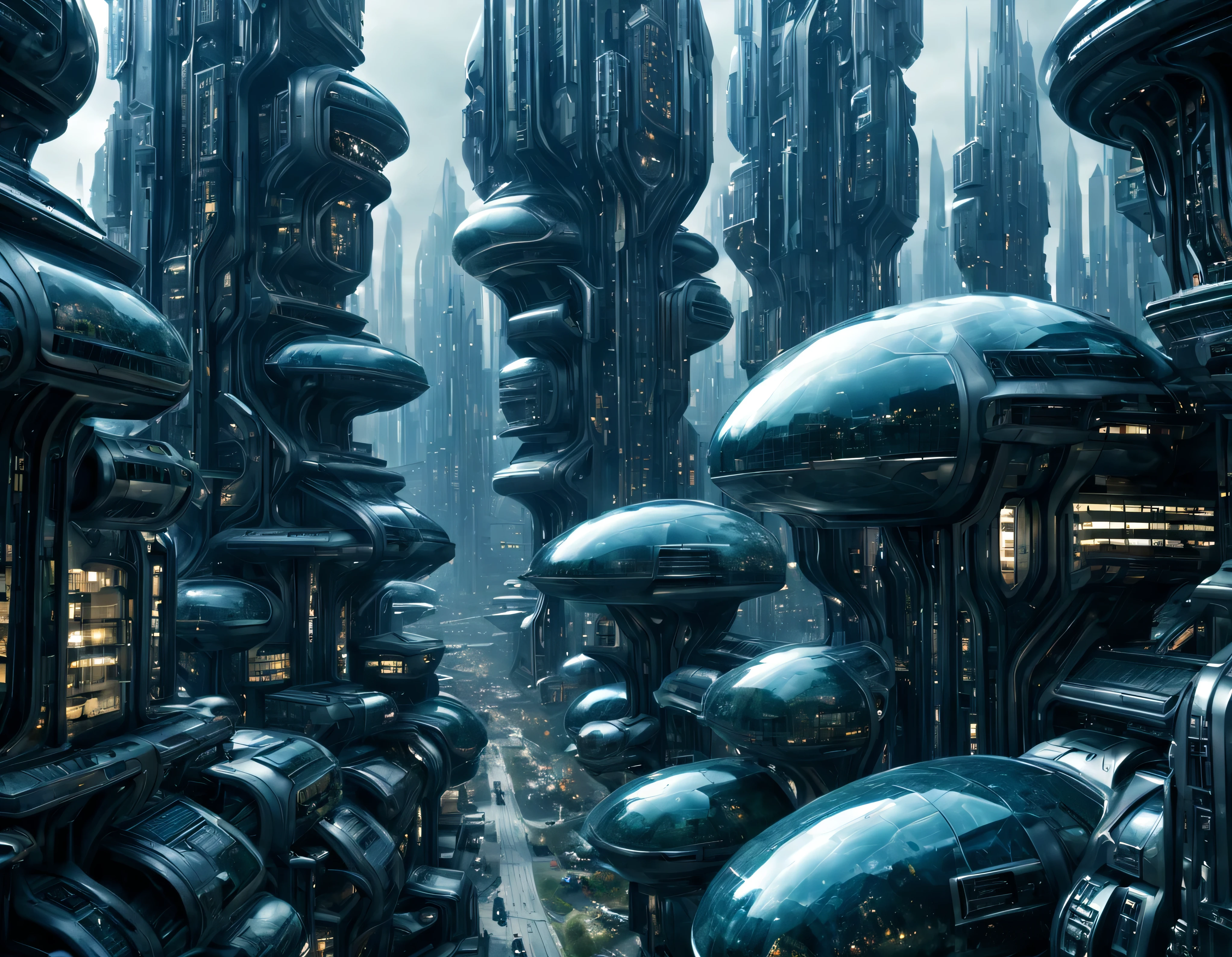 street of an extraterrestrial alien city with futuristic and technological architecture in its metal and glass buildings, some aliens walking around, ventanas iluminadas, all full of imagination, science fiction and (intrincados detalles de la maquina).imagen fotorrealista, Maximum sharpness, calidad 8k.(obra maestra de calidad superior). 3D.