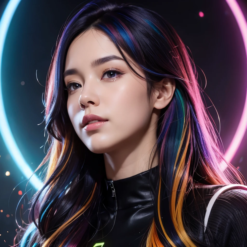 {{masterpiece}}, highest quality, Highly detailed CG Unity 8K wallpaper, cinematic lighting, Lens flare, beautiful detailed eyes, black, side line, multi-colored hair, colorful light, particle, heterochromia, (colorful:1.5), (colorful hair:1.5),
