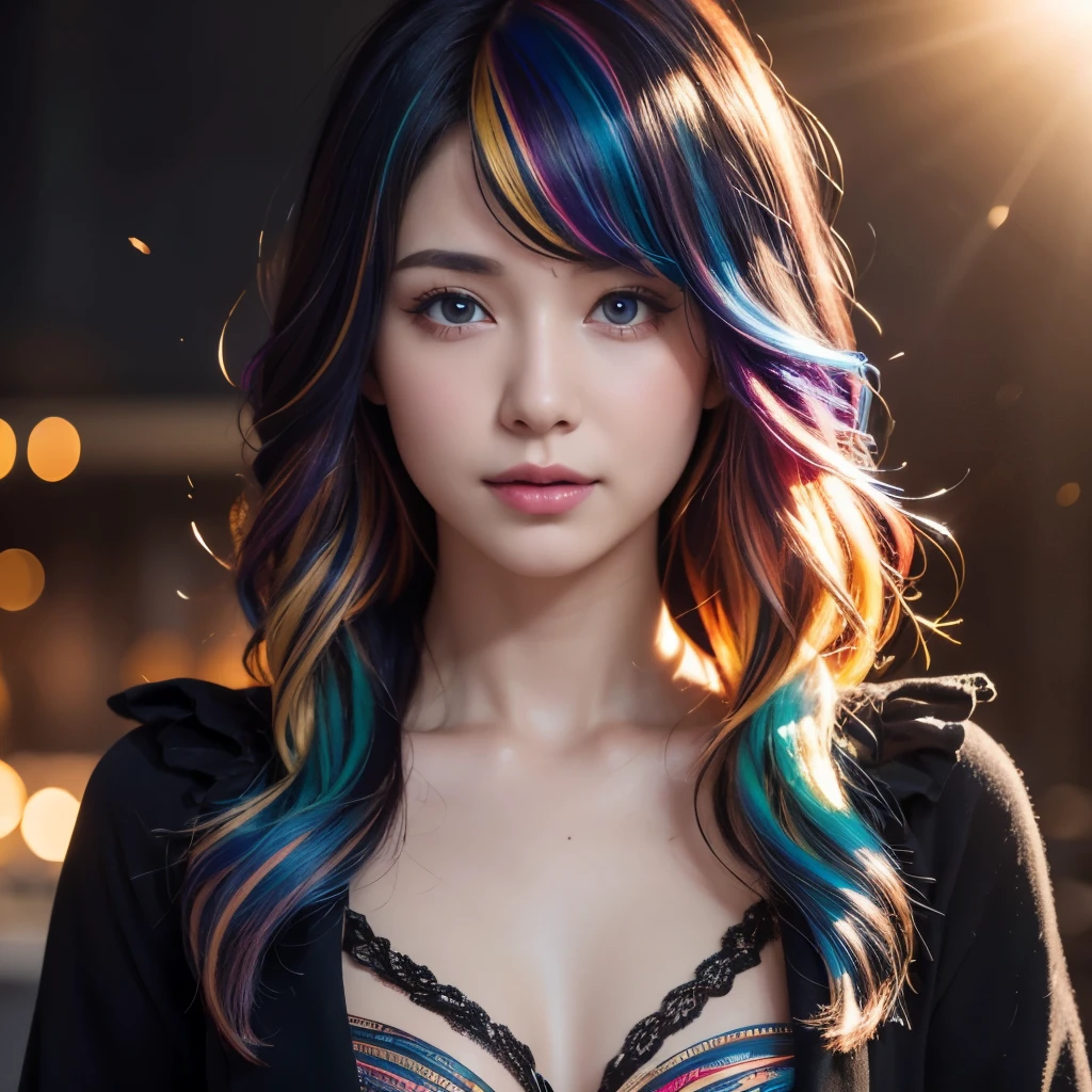 {{masterpiece}}, highest quality, Highly detailed CG Unity 8K wallpaper, cinematic lighting, Lens flare, beautiful detailed eyes, black, side line, multi-colored hair, colorful light, particle, heterochromia, (colorful:1.5), (colorful hair:1.5),
