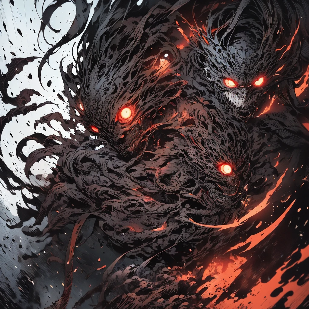 Tsutomu Nihei&#39;s style,(incredibly disorganized, (High resolution:1.18), intricate details, (masterpiece:1.1), (highest quality:1.1), disorganized),(1 boy, portrait, black hair, glowing red eyes, long hair, fine eyes),