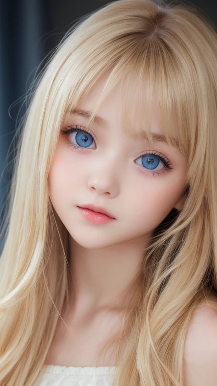 very beautiful face、Beautiful, extremely long blonde hair dancing in the strong wind、Bangs swaying between eyes、12 year old cute bright blue big eyed blonde girl、very big eyes、hair above eyes、片hair above eyes、hair between eyes、small face beautiful girl、cheek gloss highlight、Extremely pure white skin、round face