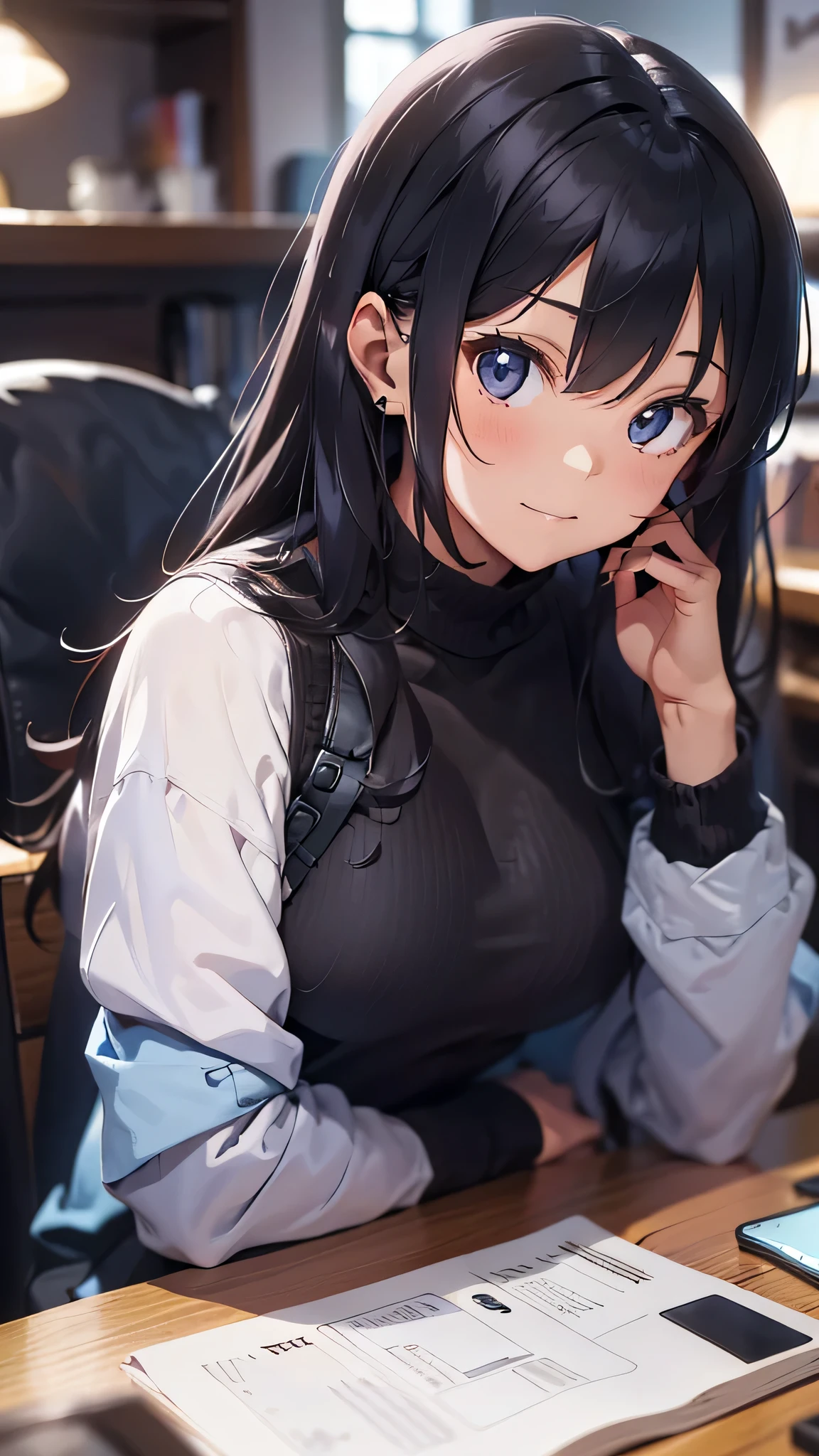 最high quality、best image quality、masterpiece、age girl((18-year-old、 By becoming、vest bust、medium bust,wide open breast tea、black eye, gray hair、long hair、thin,highest valley、Black Y-shirt、Black Recruit Suit,Have a document、look forward、sit on a chair、tired face、using a computer、take one day off'jaw on one'jaw、Dark circles in the eyes、smile)),high quality、beautiful art、background((company office、Office Machines、office chair、Laptop、Office at night))debris flies、Depth of written boundary、movie、visual art、perfect art、8K,genuine