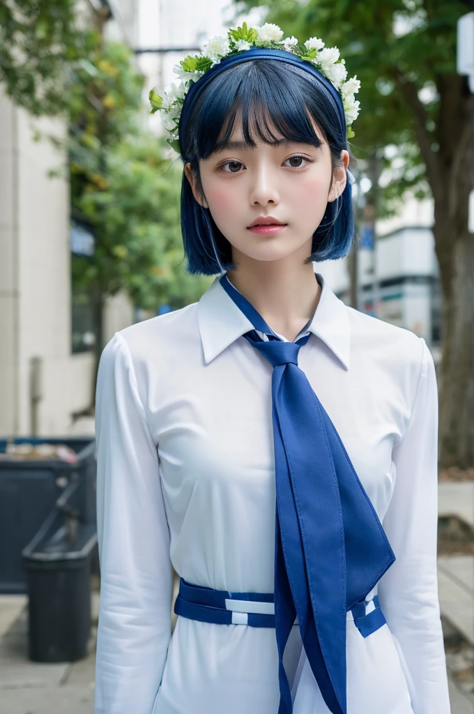 (((highest quality, masterpiece, excellent anatomy))), consent_in_genshin, cowboy shot, 1 girl, blue short hair, black hairband,naked,white long sleeve, blue tie, Shoulder Jewelry, Upper body,outdoor, city, street, green plant, flowers,