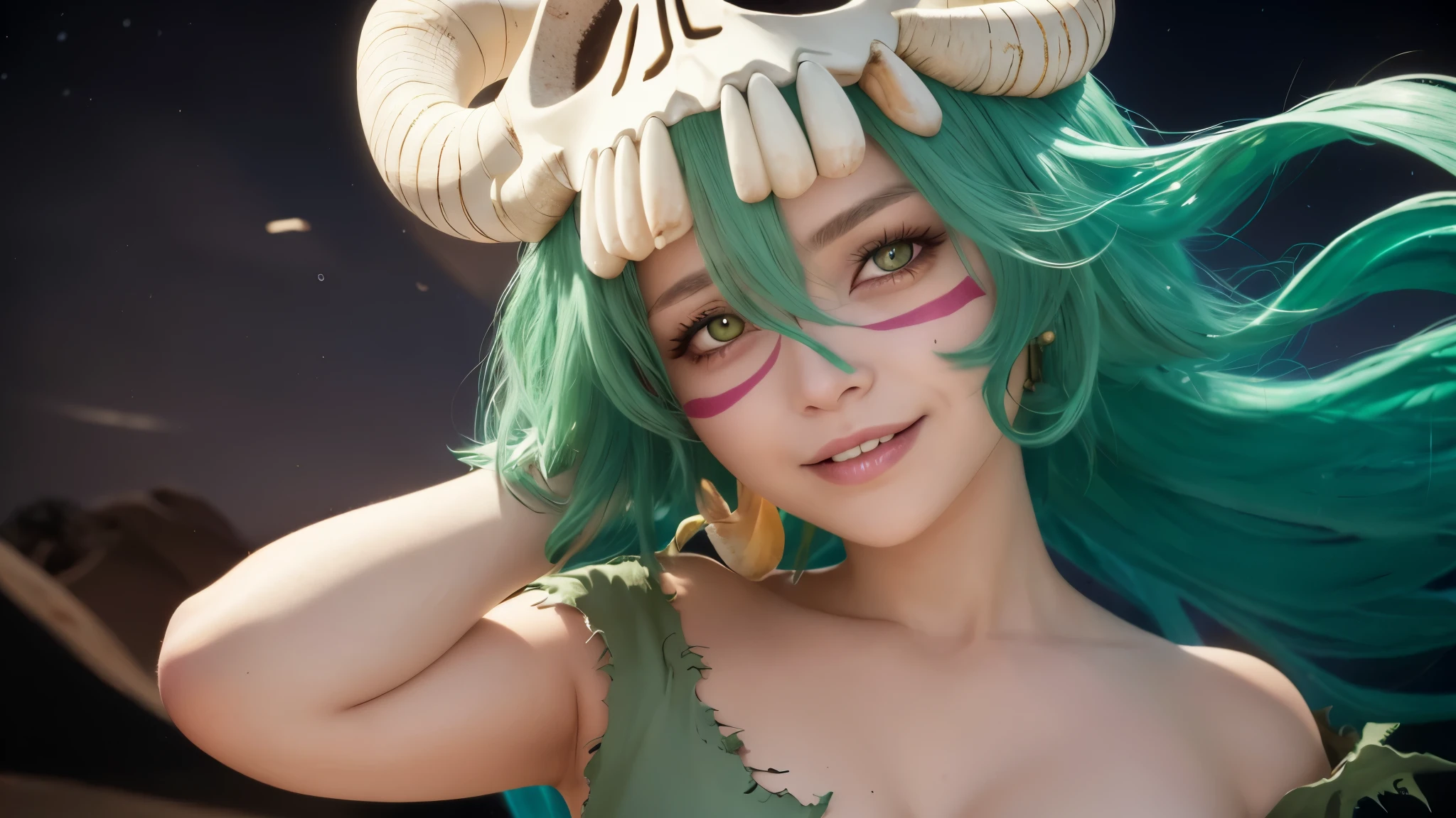 highest quality, 8K, Super detailed, realistic, Nelliel orders Schwank, green hair, yellow eyes, skull, Face mark, smile, parted lips, Happy, torn clothes, desert, white sand, Pitch Black Sky, 【Pitch Black Sky】16 years old