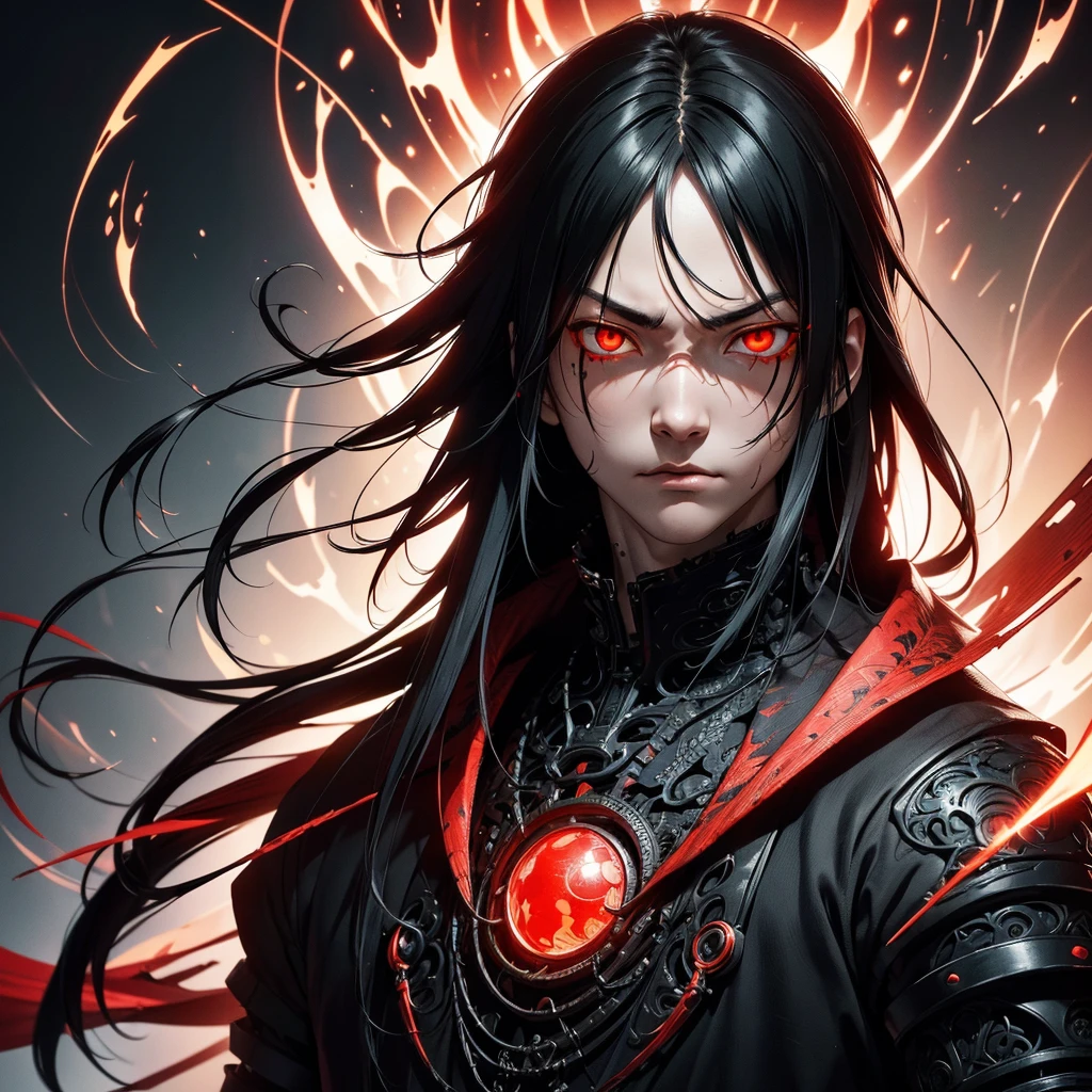 Tsutomu Nihei's style,(incredibly disorganized, (High resolution:1.18), intricate details, (masterpiece:1.1), (highest quality:1.1), disorganized),(1 boy, portrait, black hair, glowing red eyes, long hair, fine eyes),