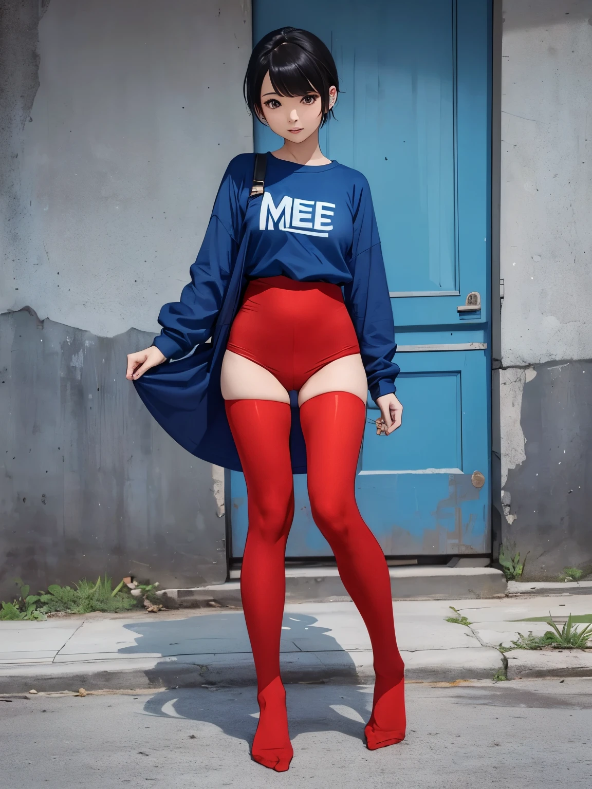 show entire body, photo image, Asian female, with a pixie hairstyle. Wearing a long blue shirt with the words on it say (hug me). With red tights and no shoes