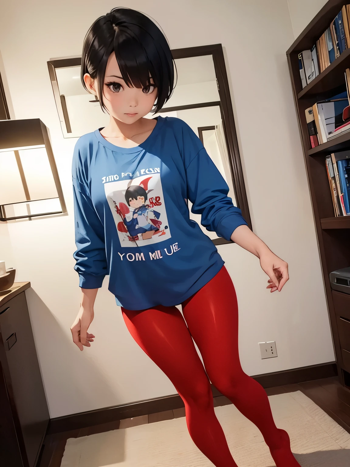 show entire body, photo image, Asian female, with a pixie hairstyle. Wearing a long blue shirt with the words on it say (hug me). With red tights and no shoes