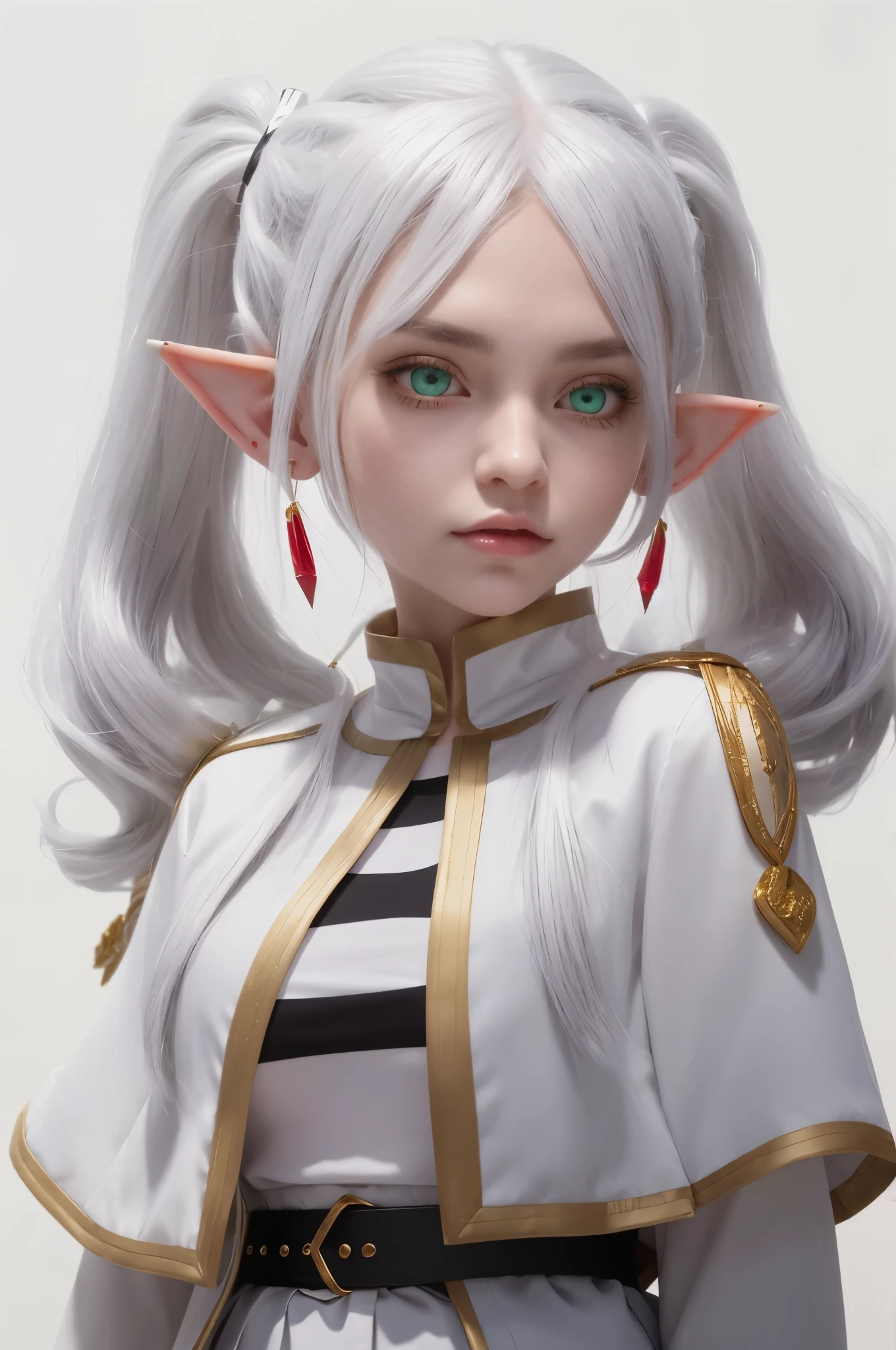 age 20,Frieren is a female elf with green eyes and long white hair tied into two pigtails. Like all Elves, he has large, pointed ears. She wore a black and white striped shirt, as well as a white jacket with gold trim tucked into a matching skirt with a black belt. Over his jacket, he wore a short white and gold robe with a high collar. She also wore black pantyhose and brown boots, as well as a pair of gold and red earrings.