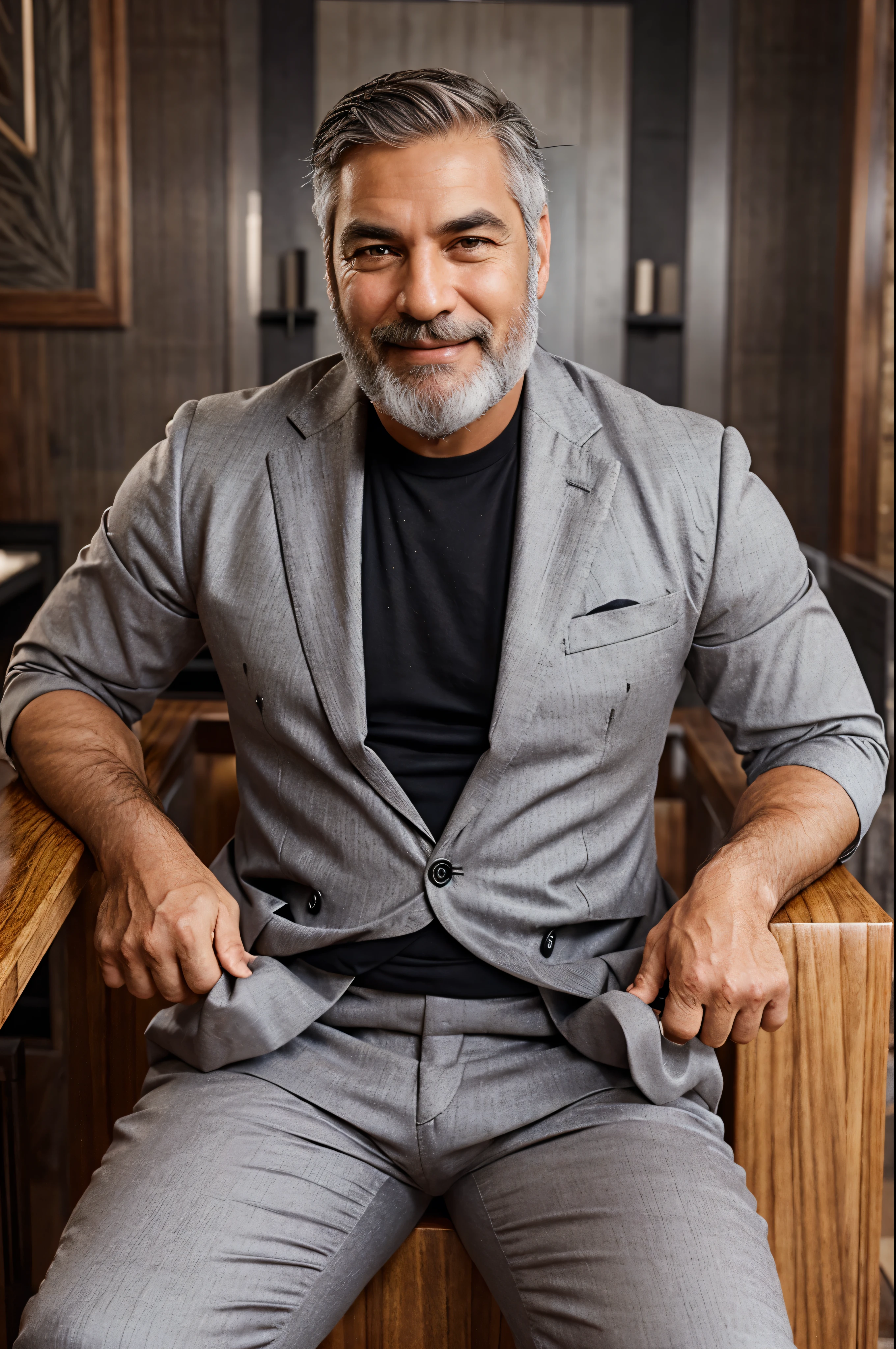 an attractive mature man with a thick beard and gray hair wearing an elegant suit sitting in a luxury restaurant and smiling in front of the camera