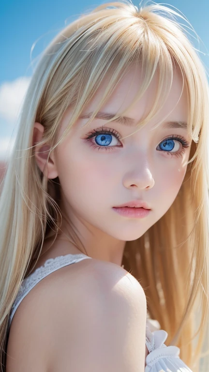 very beautiful face、Beautiful, extremely long blonde hair dancing in the strong wind、Bangs swaying between eyes、 cute bright blue big eyed blonde girl、very big eyes、hair above eyes、片hair above eyes、hair between eyes、small face beautiful girl、cheek gloss highlight、Extremely pure white skin