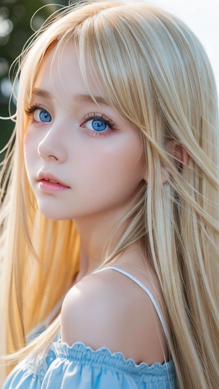 very beautiful face、Beautiful, extremely long blonde hair dancing in the strong wind、Bangs swaying between eyes、12 year old cute bright blue big eyed blonde girl、very big eyes、hair above eyes、片hair above eyes、hair between eyes、small face beautiful girl、cheek gloss highlight、Extremely pure white skin