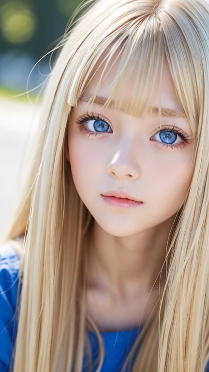 very beautiful face、Beautiful, extremely long blonde hair dancing in the strong wind、Bangs swaying between eyes、12 year old cute bright blue big eyed blonde girl、very big eyes、hair above eyes、片hair above eyes、hair between eyes、small face beautiful girl、cheek gloss highlight、Extremely pure white skin