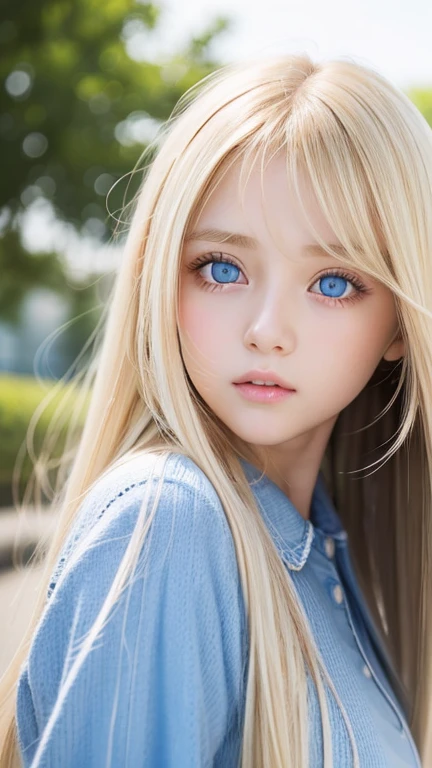 very beautiful face、Beautiful, extremely long blonde hair dancing in the strong wind、Bangs swaying between eyes、12 year old cute bright blue big eyed blonde girl、very big eyes、hair above eyes、片hair above eyes、hair between eyes、small face beautiful girl、cheek gloss highlight、Extremely pure white skin
