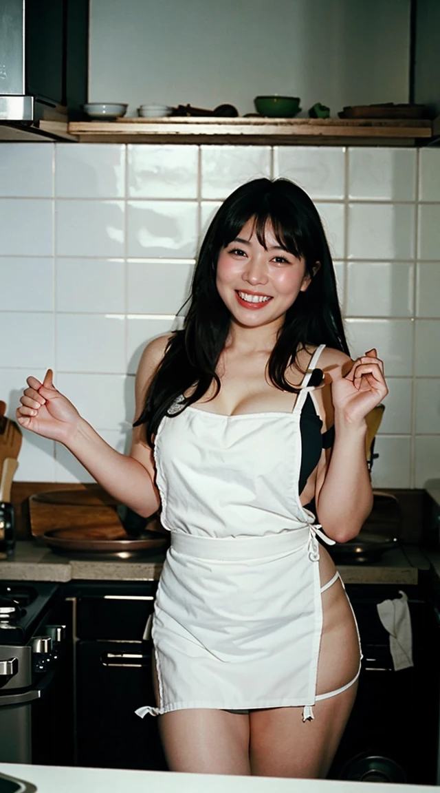 highest quality、8K resolution、master masterpiece、portrait,Photoreal, 35mm film, 1 woman, beautiful woman, 27 years old, medium long hair, plump body, ((white apron、black panties)) , (kitchen cooking: 1.3), jumbled background, dark background, laughter