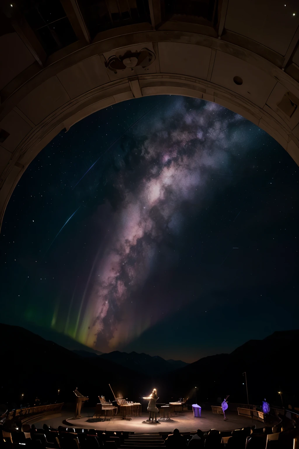 (best quality,4k,highres,ultra-detailed,realistic:1.2),many people,sci-fi,grand piano,evening sunset,pink sky,space,galaxy,illustration,sharp focus,professional,vivid colors,studio lighting,celestial scenery,romantic atmosphere,peaceful ambiance,brilliant stars,cosmic wonders,expansive universe,dreamlike experience,astral symphony,interstellar beauty,ethereal lights,whimsical imagination,otherworldly landscapes,stellar exploration,ivory keys,numerous spectators,celestial concert,haunting melodies,elegant fingers dancing,mesmerizing performance,harmony, tranquility,harmonious blend,concert hall of the cosmos,serene moment in eternity,audience captivated,aurora borealis,nebulae,curtain of stardust,celestial harmony,unfathomable galaxies,cosmic ballet,luminous celestial bodies,twinkling starlight,evocative strokes.