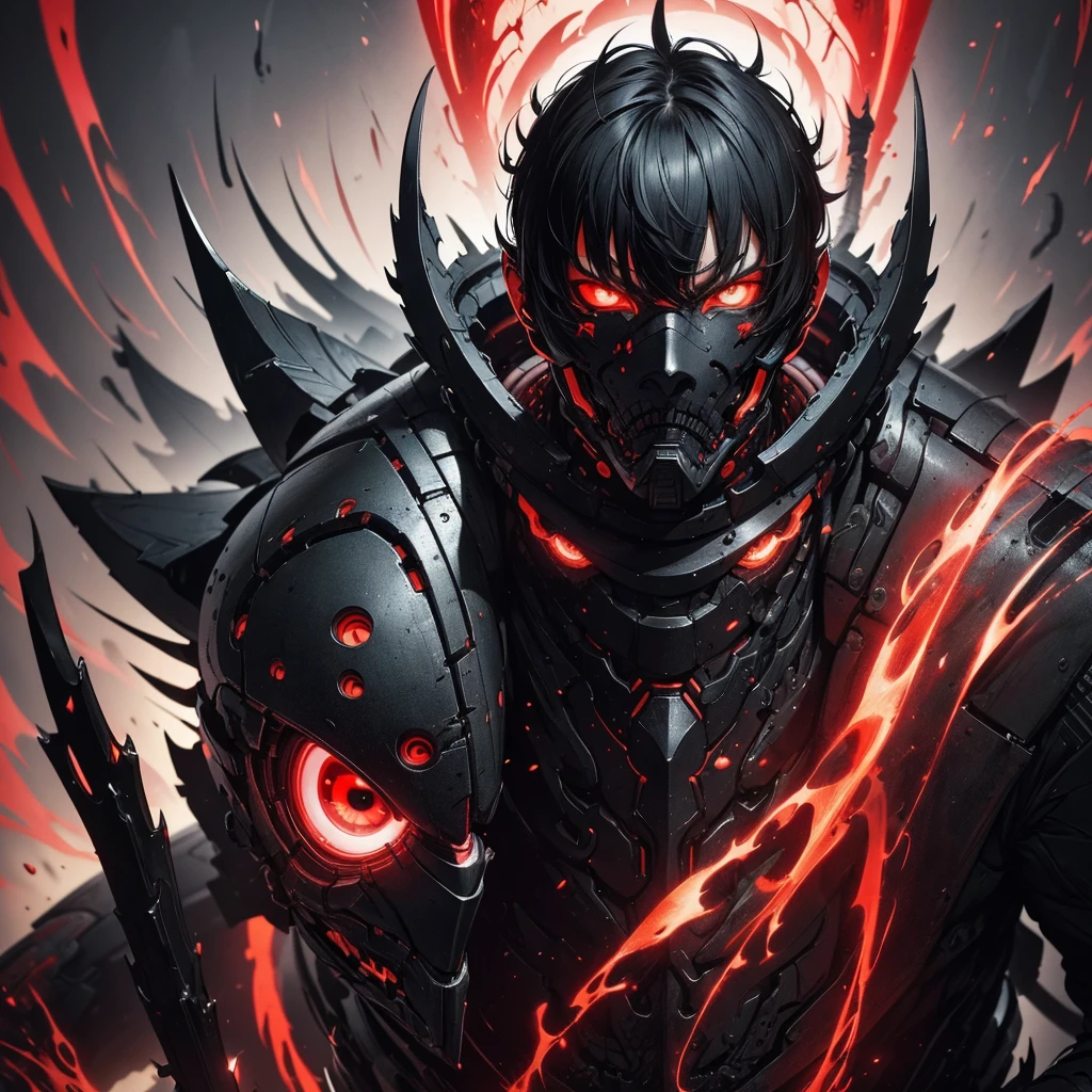 Tsutomu Nihei's style,(incredibly disorganized, (High resolution:1.18), intricate details, (masterpiece:1.1), (highest quality:1.1), disorganized),(1 boy, portrait, black hair, glowing red eyes, short hair, fine eyes),