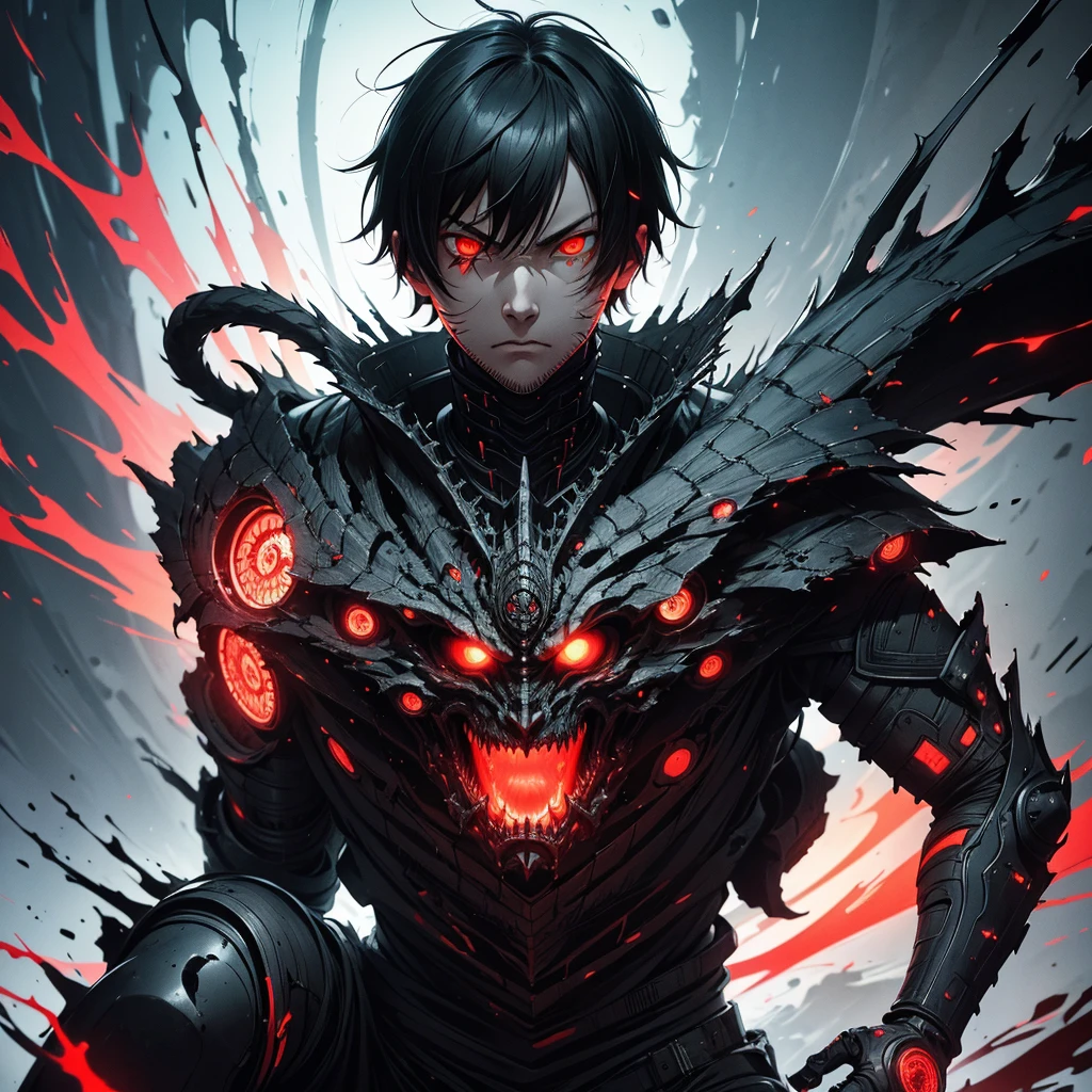 Tsutomu Nihei's style,(incredibly disorganized, (High resolution:1.18), intricate details, (masterpiece:1.1), (highest quality:1.1), disorganized),(1 boy, portrait, black hair, glowing red eyes, short hair, fine eyes),