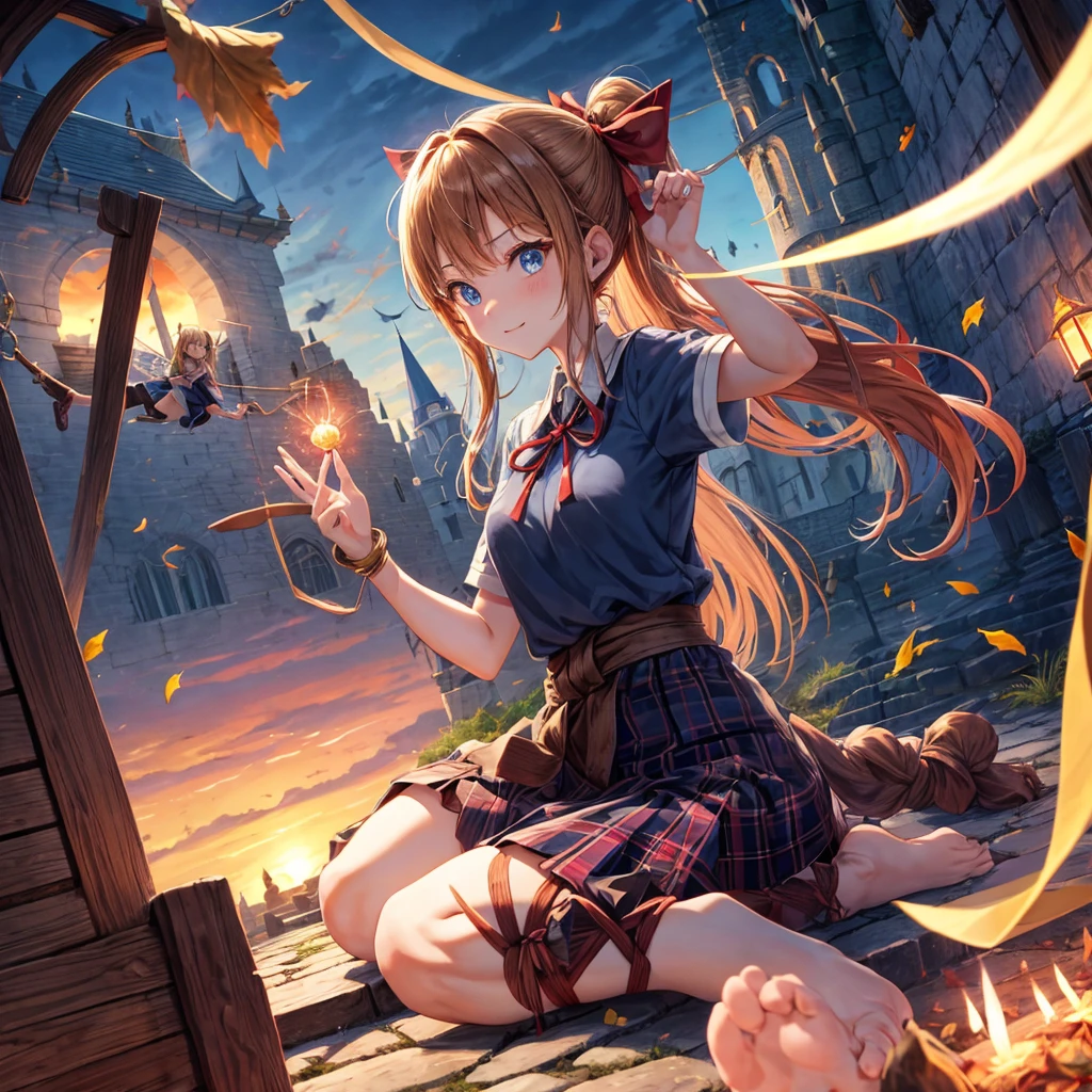 reddish-brown blonde、blue hair、blue eyes、ponytail、one good looking girl、solo、anime、Plaid miniskirt、camisole、sitting、black t-shirt、Tilting your face、Doing the ribbon、Ribbon at waist、sunset sky、broken stone steps、Remains、tunnel、Fallen leaves、Light and shadow、monster castle、One leg is raised、castle floating in the air、column、Jewelry box、flag、sparks fall、forest、Hand mirror、bondage、tall grass grows、cloak、circular cobblestone、the ground is cracked、aquarium、Vortex of Light、looking down、Fairies are flying