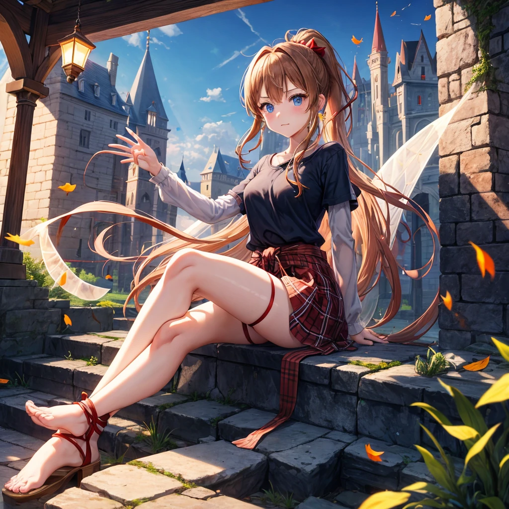 reddish-brown blonde、blue hair、blue eyes、ponytail、one good looking girl、solo、anime、Plaid miniskirt、camisole、sitting、black t-shirt、Tilting your face、Doing the ribbon、Ribbon at waist、sunset sky、broken stone steps、Remains、tunnel、Fallen leaves、Light and shadow、monster castle、One leg is raised、castle floating in the air、column、Jewelry box、flag、sparks fall、forest、Hand mirror、bondage、tall grass grows、cloak、circular cobblestone、the ground is cracked、aquarium、Vortex of Light、looking down、Fairies are flying