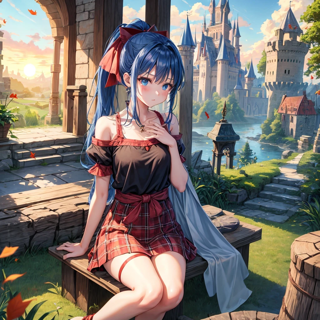 reddish-brown blonde、blue hair、blue eyes、ponytail、one good looking girl、solo、anime、Plaid miniskirt、camisole、sitting、black t-shirt、Tilting your face、Doing the ribbon、Ribbon at waist、sunset sky、broken stone steps、Remains、tunnel、Fallen leaves、Light and shadow、monster castle、One leg is raised、castle floating in the air、column、Jewelry box、flag、sparks fall、forest、Hand mirror、bondage、tall grass grows、cloak、circular cobblestone、the ground is cracked、aquarium、Vortex of Light、looking down、Fairies are flying