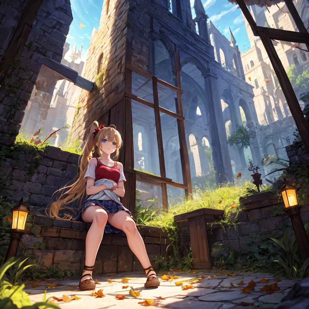 reddish-brown blonde、blue hair、blue eyes、ponytail、one good looking girl、solo、anime、Plaid miniskirt、camisole、sitting、black t-shirt、Tilting your face、Doing the ribbon、Ribbon at waist、sunset sky、broken stone steps、Remains、tunnel、Fallen leaves、Light and shadow、monster castle、One leg is raised、castle floating in the air、column、Jewelry box、flag、sparks fall、forest、Hand mirror、bondage、tall grass grows、cloak、circular cobblestone、the ground is cracked、aquarium、Vortex of Light、looking down、Fairies are flying