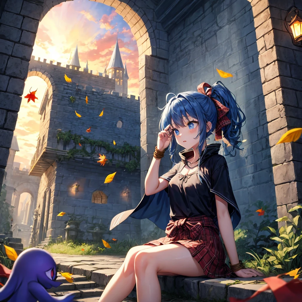 reddish-brown blonde、blue hair、blue eyes、ponytail、one good looking girl、solo、anime、Plaid miniskirt、camisole、sitting、black t-shirt、Tilting your face、Doing the ribbon、Ribbon at waist、sunset sky、broken stone steps、Remains、tunnel、Fallen leaves、Light and shadow、monster castle、One leg is raised、castle floating in the air、column、Jewelry box、flag、sparks fall、forest、Hand mirror、bondage、tall grass grows、cloak、circular cobblestone、the ground is cracked、aquarium、Vortex of Light、looking down、Fairies are flying