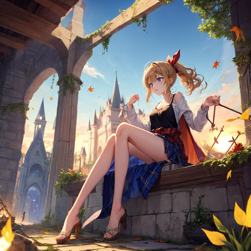 reddish-brown blonde、blue hair、blue eyes、ponytail、one good looking girl、solo、anime、Plaid miniskirt、camisole、sitting、black t-shirt、Tilting your face、Doing the ribbon、Ribbon at waist、sunset sky、broken stone steps、Remains、tunnel、Fallen leaves、Light and shadow、monster castle、One leg is raised、castle floating in the air、column、Jewelry box、flag、sparks fall、forest、Hand mirror、bondage、tall grass grows、cloak、circular cobblestone、the ground is cracked、aquarium、Vortex of Light、looking down、Fairies are flying