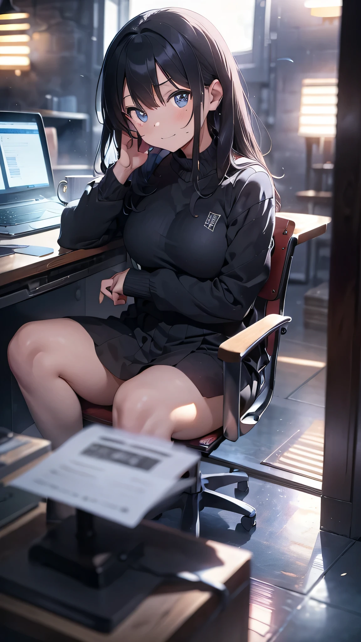 最high quality、best image quality、masterpiece、age girl((18-year-old、 By becoming、vest bust、medium bust,wide open breast tea、black eye, gray hair、long hair、thin,highest valley、Black Y-shirt、Black Recruit Suit,Have a document、look forward、sit on a chair、tired face、using a computer、take one day off&#39;jaw on one&#39;jaw、Dark circles in the eyes、smile)),high quality、beautiful art、background((company office、Office Machines、office chair、Laptop、Office at night))debris flies、Depth of written boundary、movie、visual art、perfect art、8K,genuine