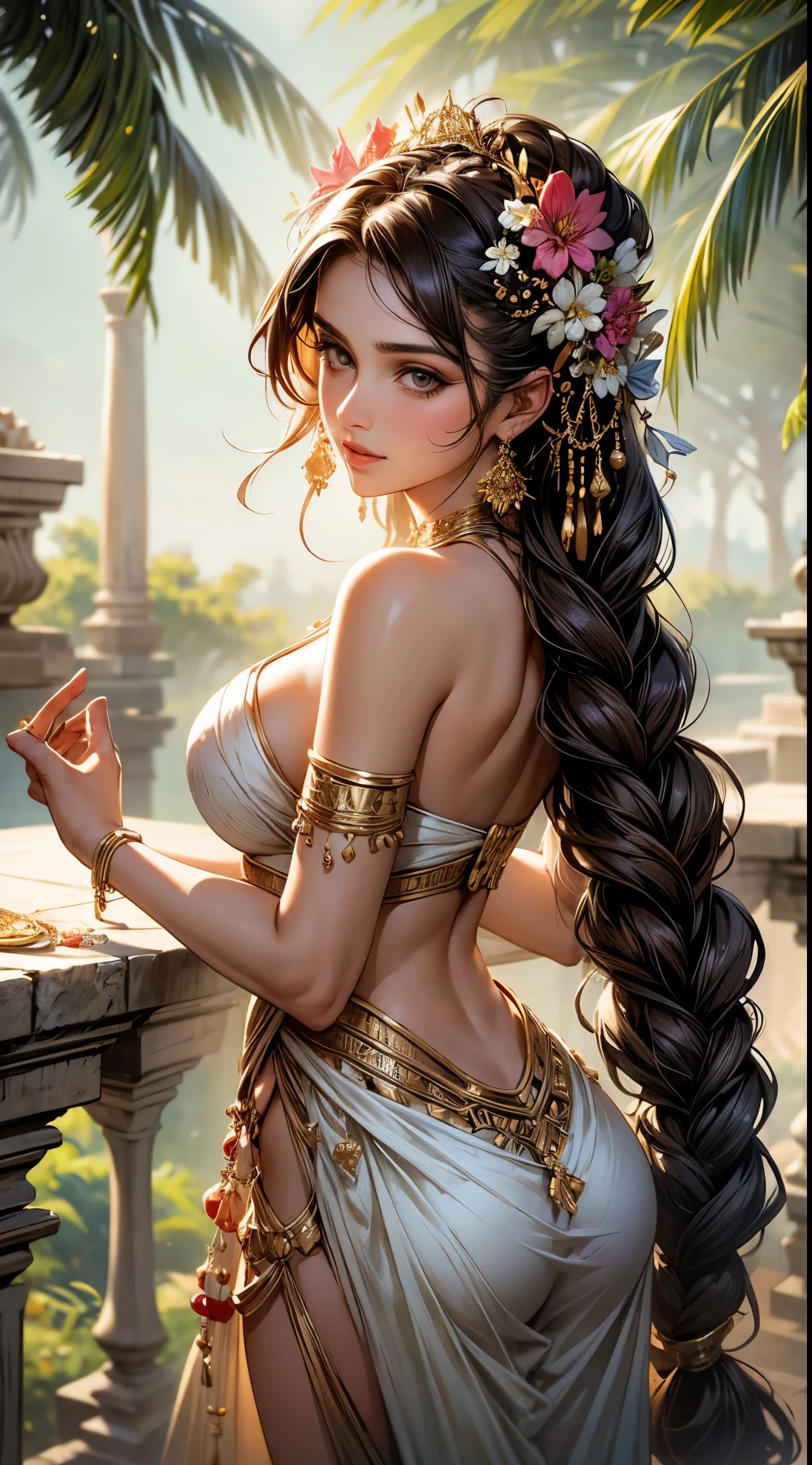Huma Qureshi, young, beautiful, ?????????????, sitting in a ancient ruins, wearing a crumpled strapless bra and a transparent dhoti, picking flowers, smiling, wearing floral ornaments, flower in hair, long dark brown braided hair, detailed, photorealistic artwork by Louis Royo, by Boris Vallejo, by Frank Frazetta, focus on her ???, her ??? is rich, back view 