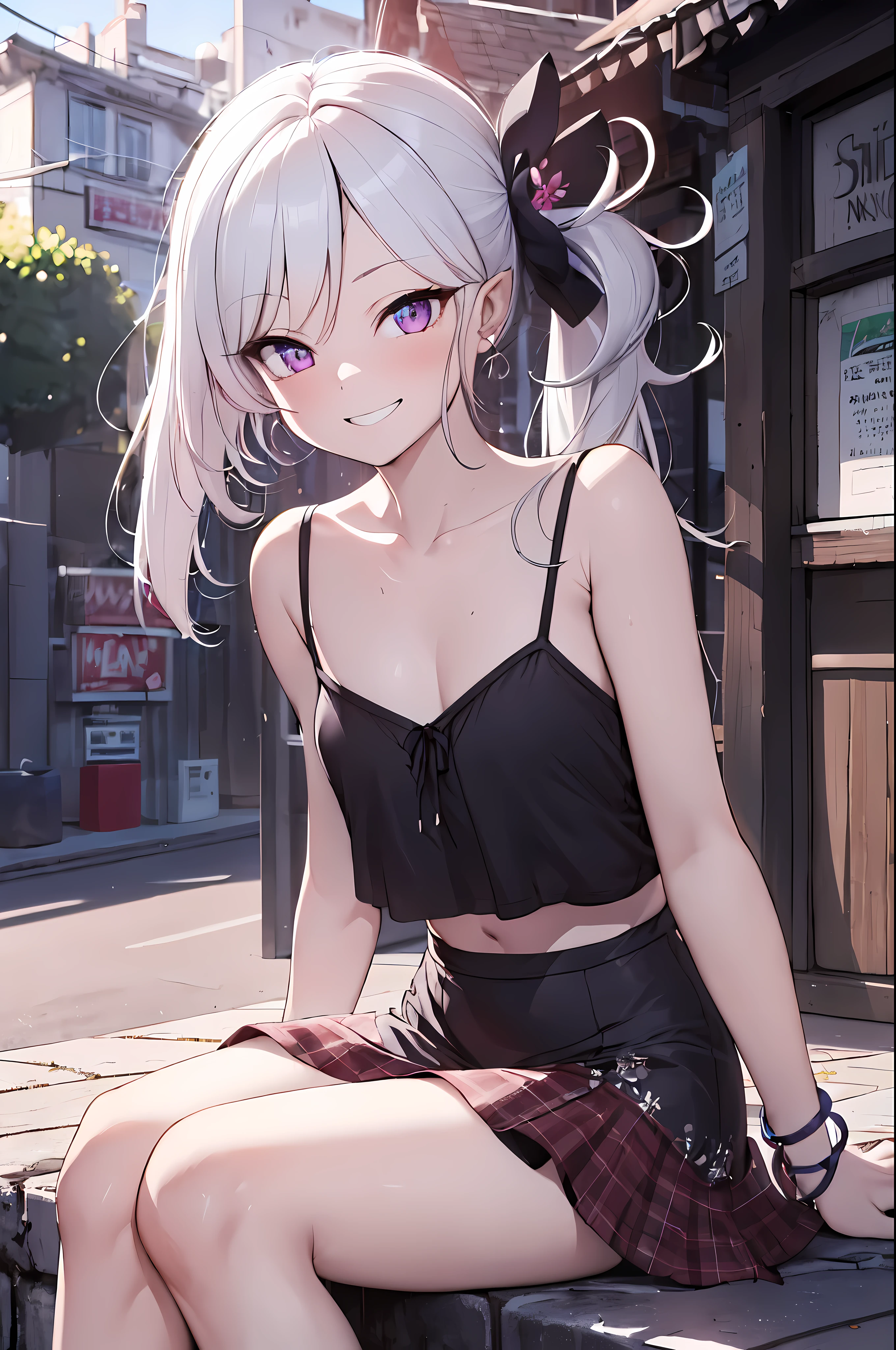 detailed, (masterpiece:1.2), (pale_skin:1.2), (solo:1.2), (female), slender, (white hair), (black_camisole), outdoors, bracelets, collarbone, bare_shoulders, headtilt, purple eyes, side_ponytail, hair ribbon, smile, teeth, (skirts)