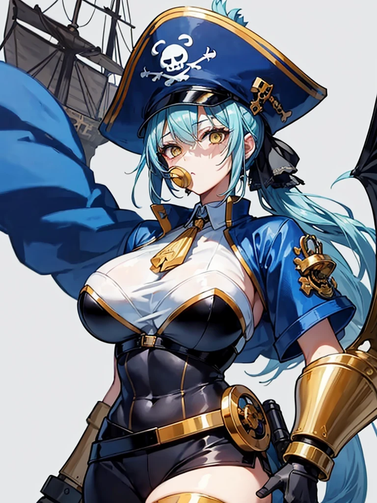 (((masterpiece、Highest image quality、highest quality、highly detailed unity 8kwallpaper)))、((Illustration of one girl、upper body))、(((beautiful girl)))、(female pirate)、(Light light blue hair、short ponytail:1.2、yellow eyes)、(((Right hand is a prosthetic hand、steampunk prosthetic arm)))、((tall))、(((muscle girl, muscle, bulky figure, massive frame, thick neck, sturdy arms, powerful legs)))、(captain's suit、Pirate hat、Blue coat)、Pirate ship deck