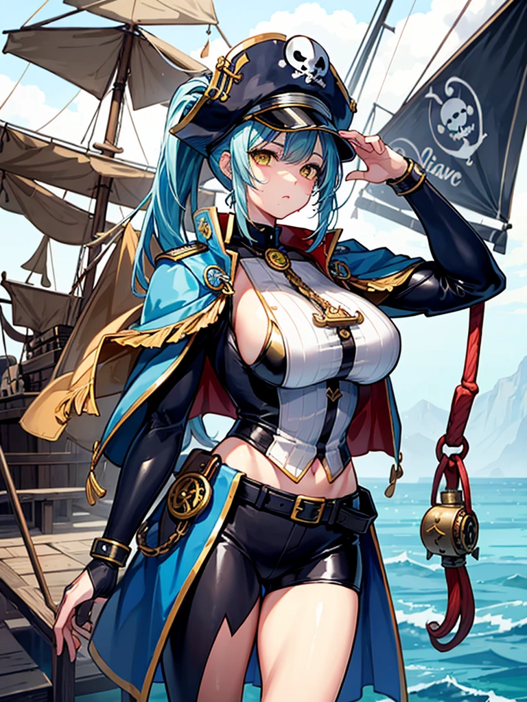 （（（masterpiece、Highest image quality、highest quality、highly detailed unity 8ｋwallpaper）））、（（Illustration of one girl、upper body））、（（（beautiful girl）））、（female pirate）、（Light light blue hair、short ponytail：1.2、yellow eyes）、（（（Right hand is a prosthetic hand、steampunk prosthetic arm）））、（（tall））、（（（muscle girl, muscle, bulky figure, massive frame, thick neck, sturdy arms, powerful legs）））、（captain&#39;s suit、Pirate hat、Blue coat）、Pirate ship deck