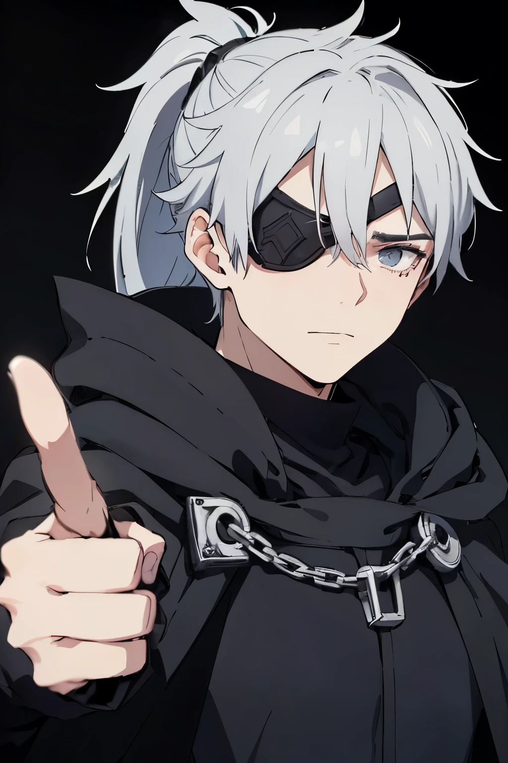 Anime character, a man, medieval era. Young, 20 years old, large body, cold expression, fierce gaze. White beauty, short and messy gray hair, ponytail, left eye patch, black clothes, black shirt, dark cape with hood, chains. front camera, half body. In the middle of the moonlight, wind blowing through your hair, in the forest between a ruined temple.