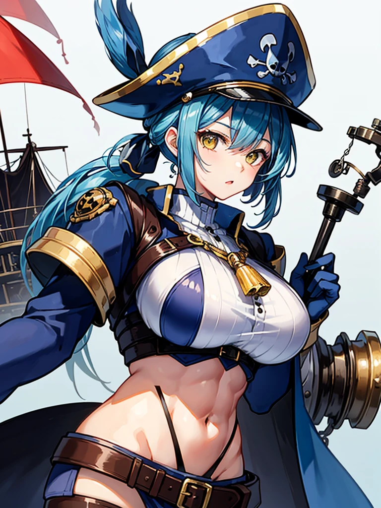 （（（masterpiece、Highest image quality、highest quality、highly detailed unity 8ｋwallpaper）））、（（Illustration of one girl、upper body））、（（（beautiful girl）））、（female pirate）、（Light light blue hair、short ponytail：1.2、yellow eyes）、（（（Right hand is a prosthetic hand、steampunk prosthetic arm）））、（（tall））、（（（muscle girl, muscle, bulky figure, massive frame, thick neck, sturdy arms, powerful legs）））、（captain&#39;s suit、Pirate hat、Blue coat）、Pirate ship deck