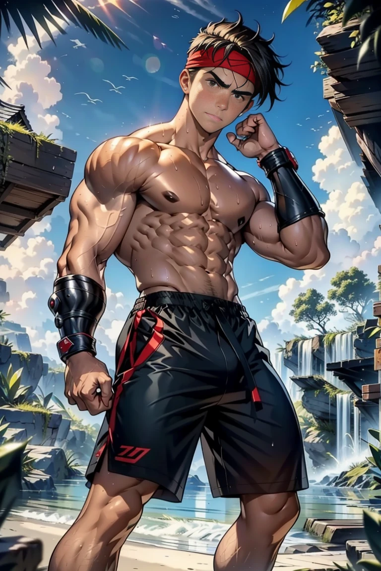 (Masterpiece, Best quality, 18 year old boy, 8k, ultra-detailed), (soulful eyes), (1 boy, solo), Young, (teenager), (Dark Short straight hair, under cut, brown eyes), Shirtless, topless, (Red headband, black shorts, black boot sandals, ((gauntlet))), (Depth of field:1.2), (Abs, chest, upper arms), (topless male), man with martial arts stance, athretic body, sweat, epic action pose