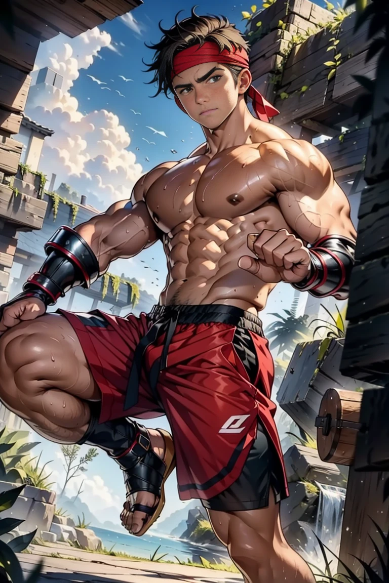 (Masterpiece, Best quality, 18 year old boy, 8k, ultra-detailed), (soulful eyes), (1 boy, solo), Young, (ager), (Dark Short straight hair, under cut, brown eyes), Shirtless, topless, (Red headband, black shorts, black boot sandals, ((gauntlet))), (Depth of field:1.2), (Abs, chest, upper arms), (topless male), man with martial arts stance, athretic body, sweat, epic action pose