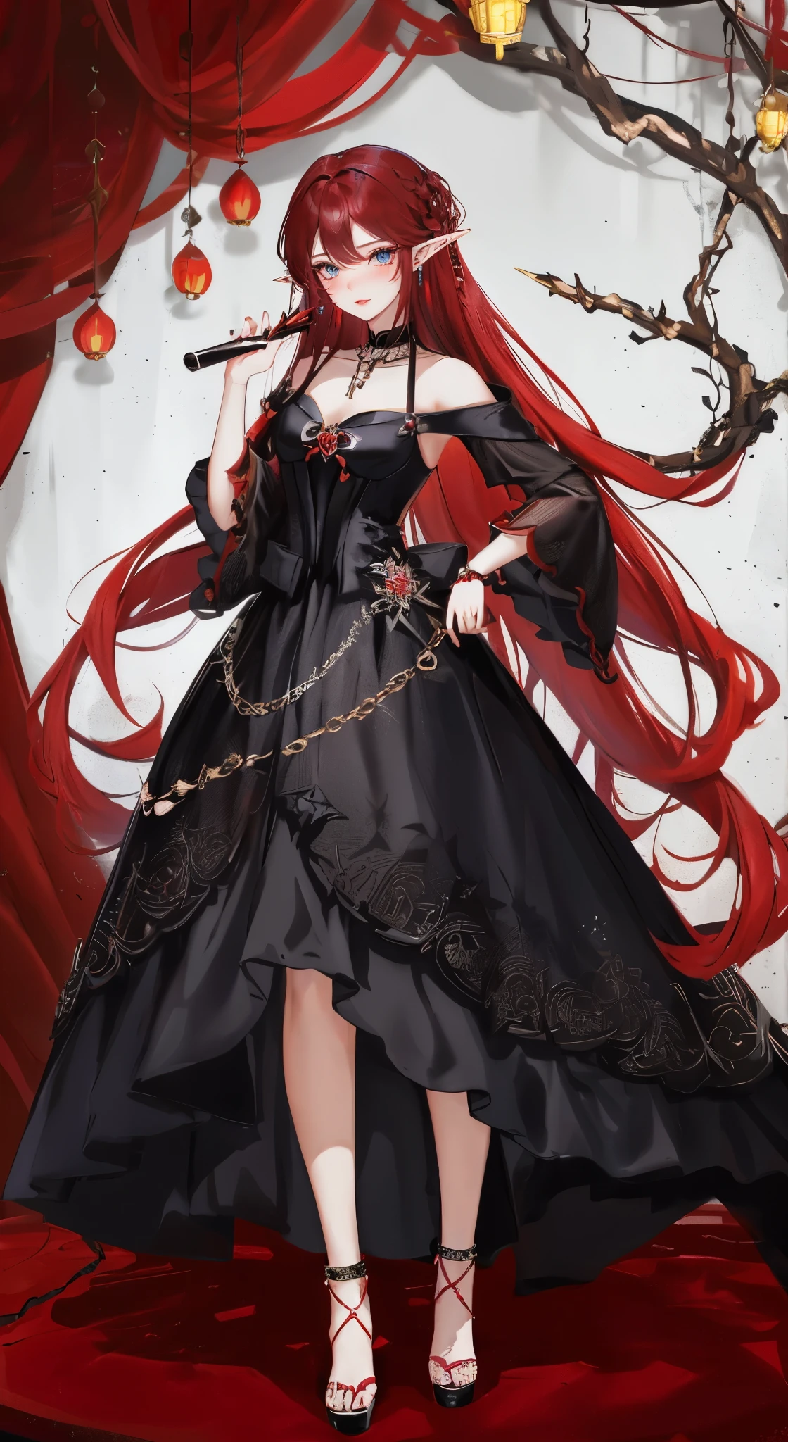 black红色短发,close up,dream world,Elf royal sister,(A blush on the face)Long dark red hair,red lips,Nice blue eyes,Prom Hall,grace,earrings,(荆棘earrings,Thorn Head Chain),necklace,humanoid, Prom background,Baroque, her skin is white, fair complexion,(red evening dress,black色的火焰与荆棘,Thorn Dress),black色玫瑰,black,black,High heel,