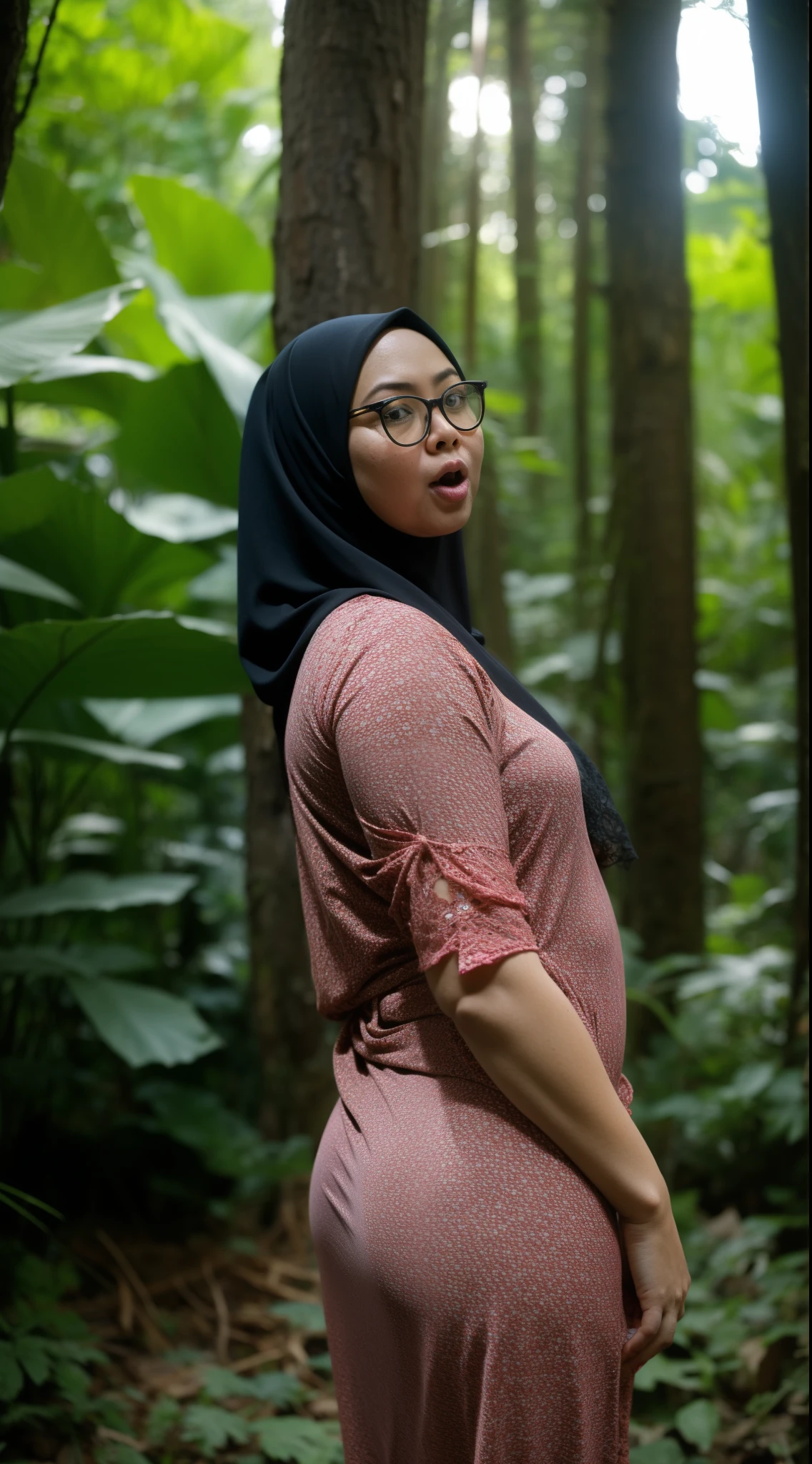 (G-STRING), (Anger), "Oki Setiana Dewi", "Spectacles ", ("Hijab Naked"), Chubby Wearing Lace Bra & Short Hairy Pussy, "Facial expression in anger", "FLUORESCENT Blue", "Red Lips", "Bokeh" My ass is huge Being in the forest