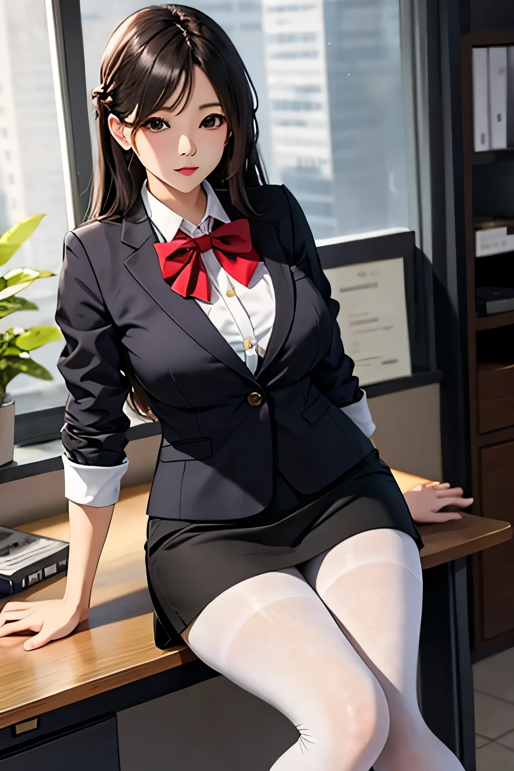 Extra short tight skirt,beautiful girl，white pantyhose，big breasts，Sexy，temperament，bow tie，business attire，office，long hair，whole body